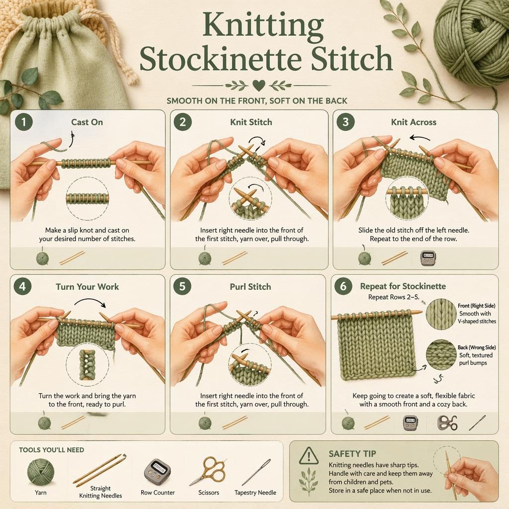 Watercolor craft infographic shows 6 numbered stockinette stitch steps with hands, yarn, needles, arrows, tool icons, and pouch prop.