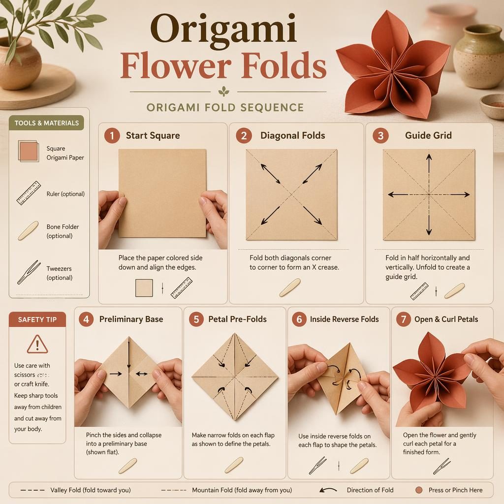 Infografía minimalista de 7 pasos de flor de origami con manos, pliegues numerados, flechas y paleta cálida artesanal.
