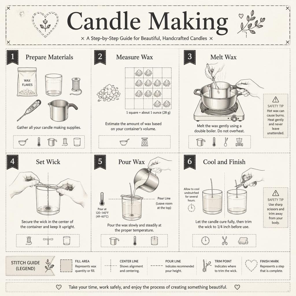 Monochrome candle making infographic with 6 numbered stitch-grid steps, tool icons, hands, captions, and legend panel.