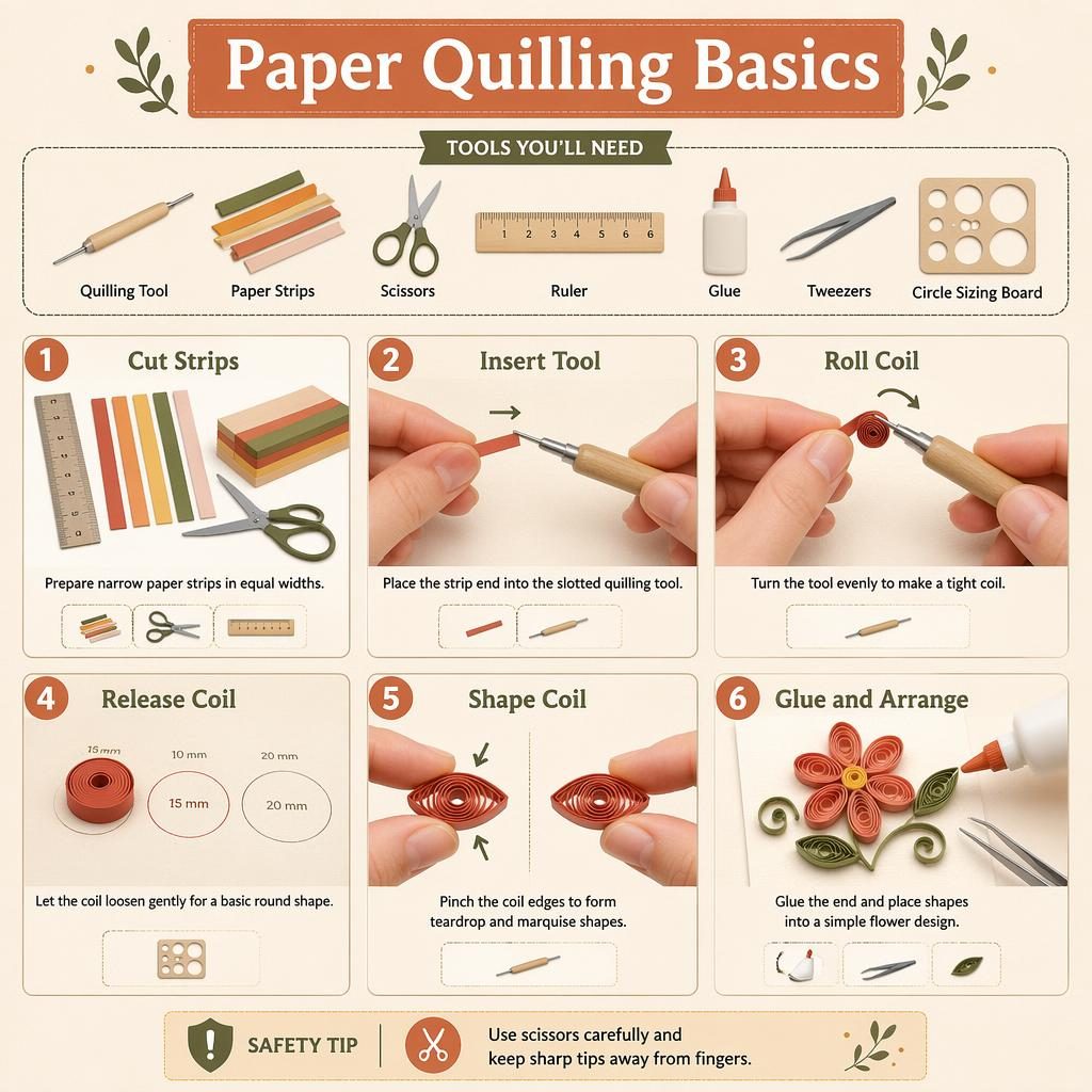 Beginner quilling infographic with 6 numbered steps, hand diagrams, tool icons, flower shapes, and safety tip on beige.