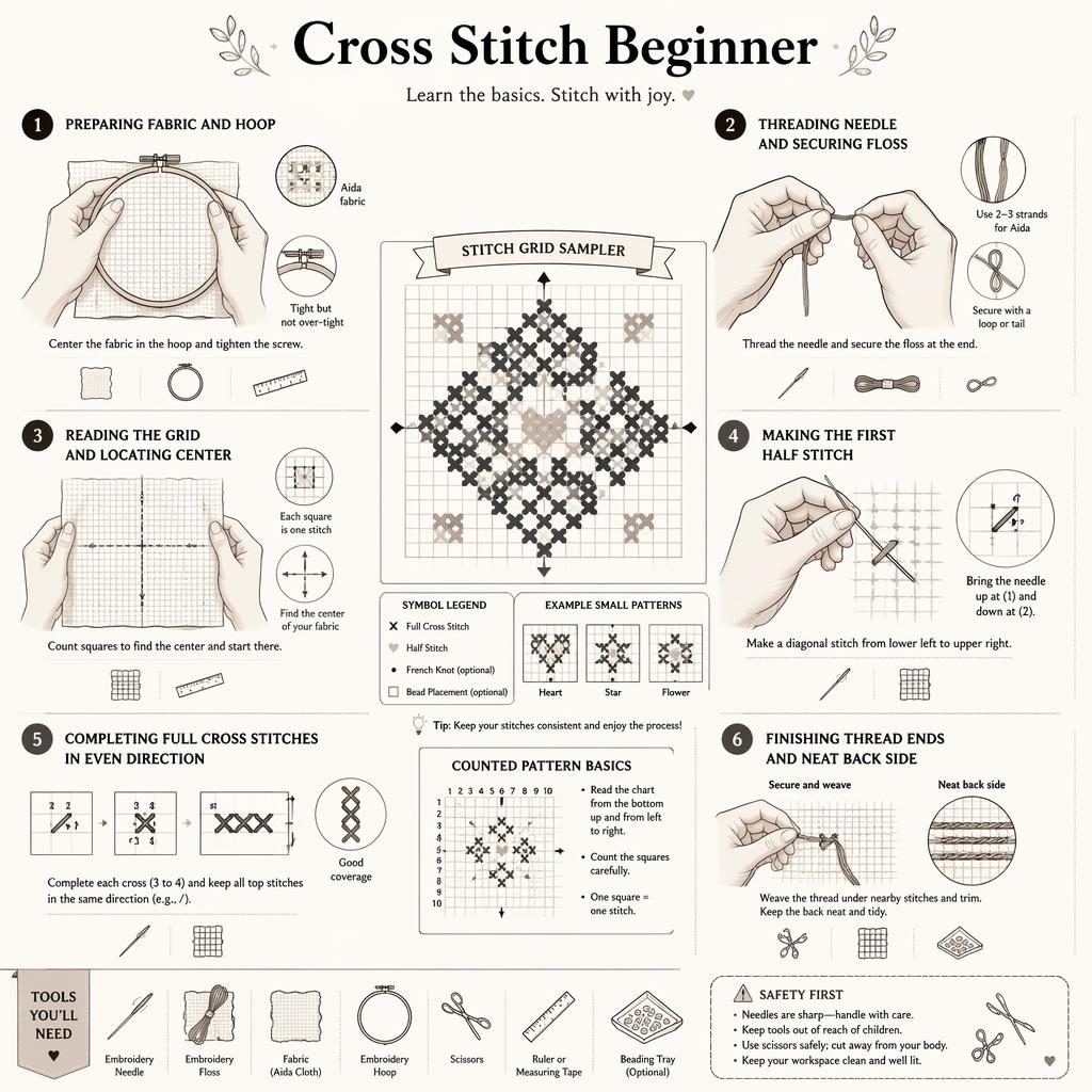 Monochrome DIY-Infografik mit 6 nummerierten Kreuzstich-Schritten, zentralem Grid-Motiv, Handdiagrammen und Tool-Icons.