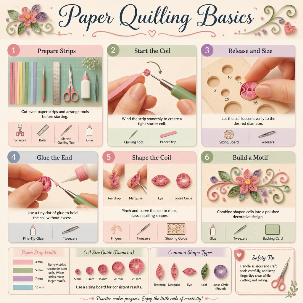 Pastel craft infographic showing 6 paper quilling steps, tools, hand positions, safety tip, legends, and floral motif.