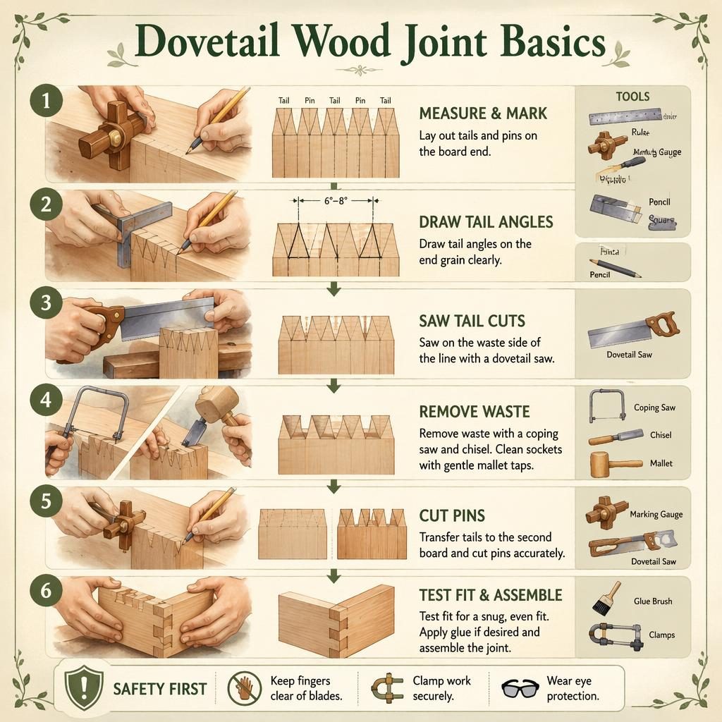 Watercolor DIY infographic showing 6 vertical steps for making a dovetail wood joint with tools, arrows, and safety tip.