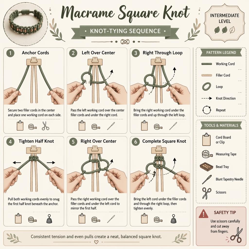Muted earth sketchnote infographic showing 6 steps for a macrame square knot with hand positions, arrows, legend, and tool icons.