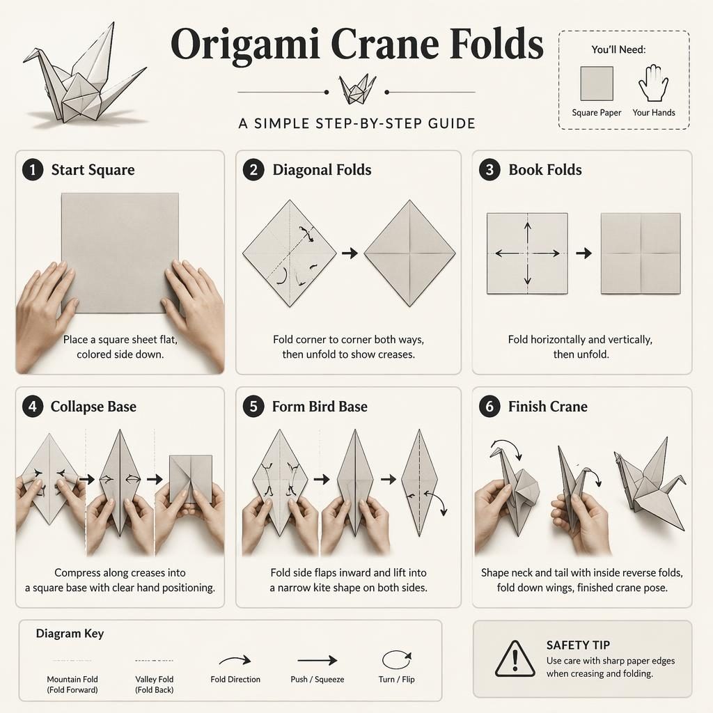 Monochrome origami infographic with 6 numbered crane-fold panels, hand guides, crease arrows, paper icons, and captions.