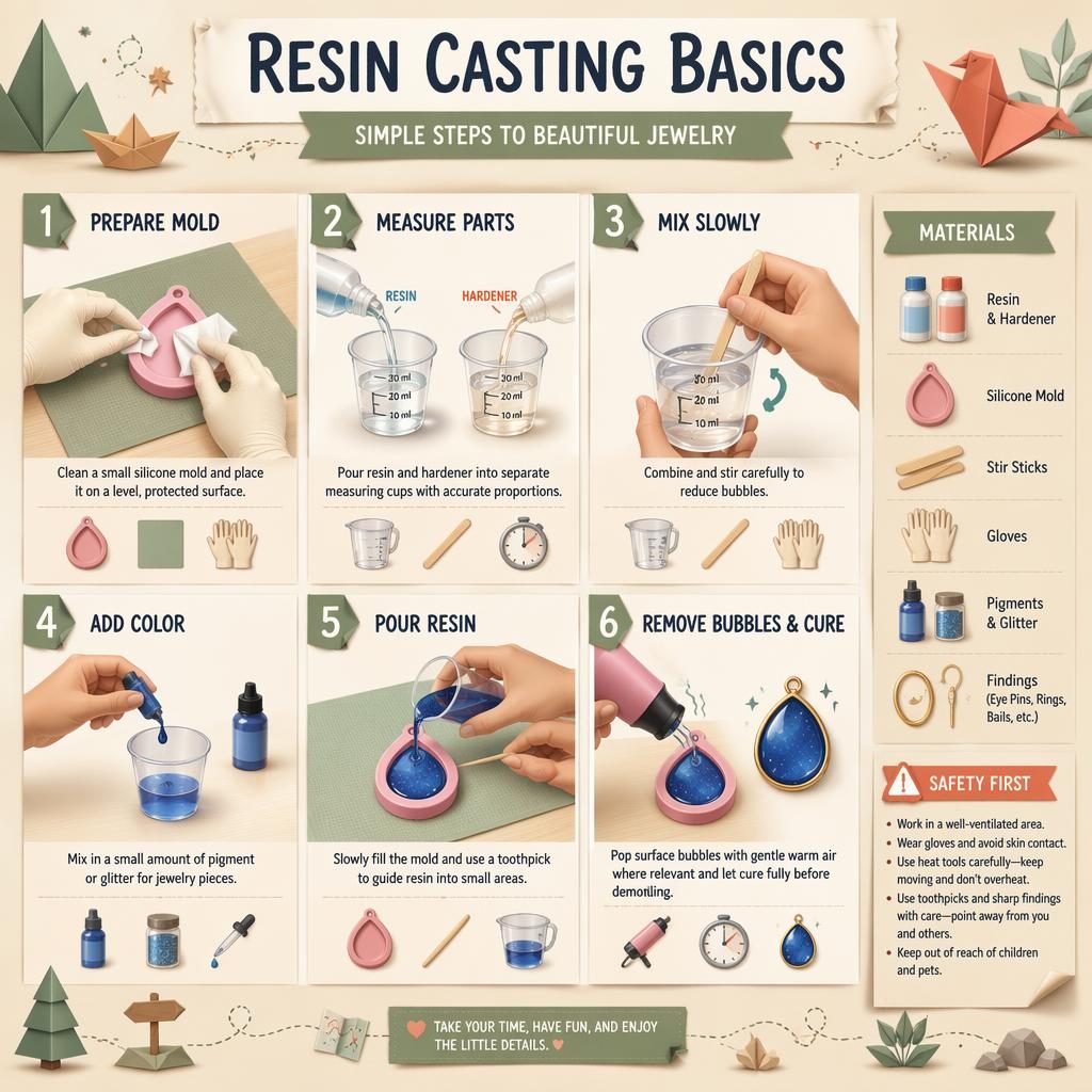 Flat DIY infographic showing 6 resin casting steps, hand diagrams, tool icons, materials sidebar, and warm craft colors.