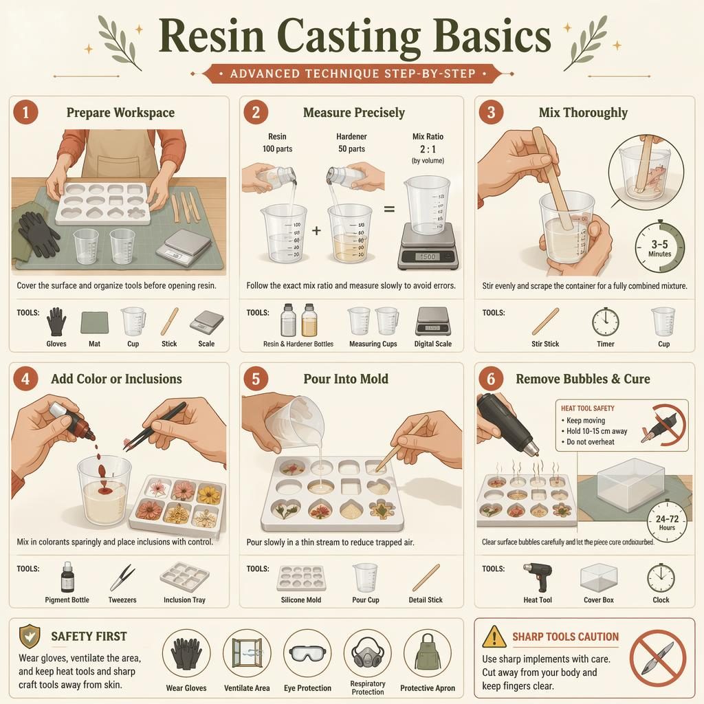 Minimalistische DIY-Infografik mit 6 Schritten zu Resin Casting Basics, Werkzeugicons, Sicherheitsfeld und warmen Naturfarben.