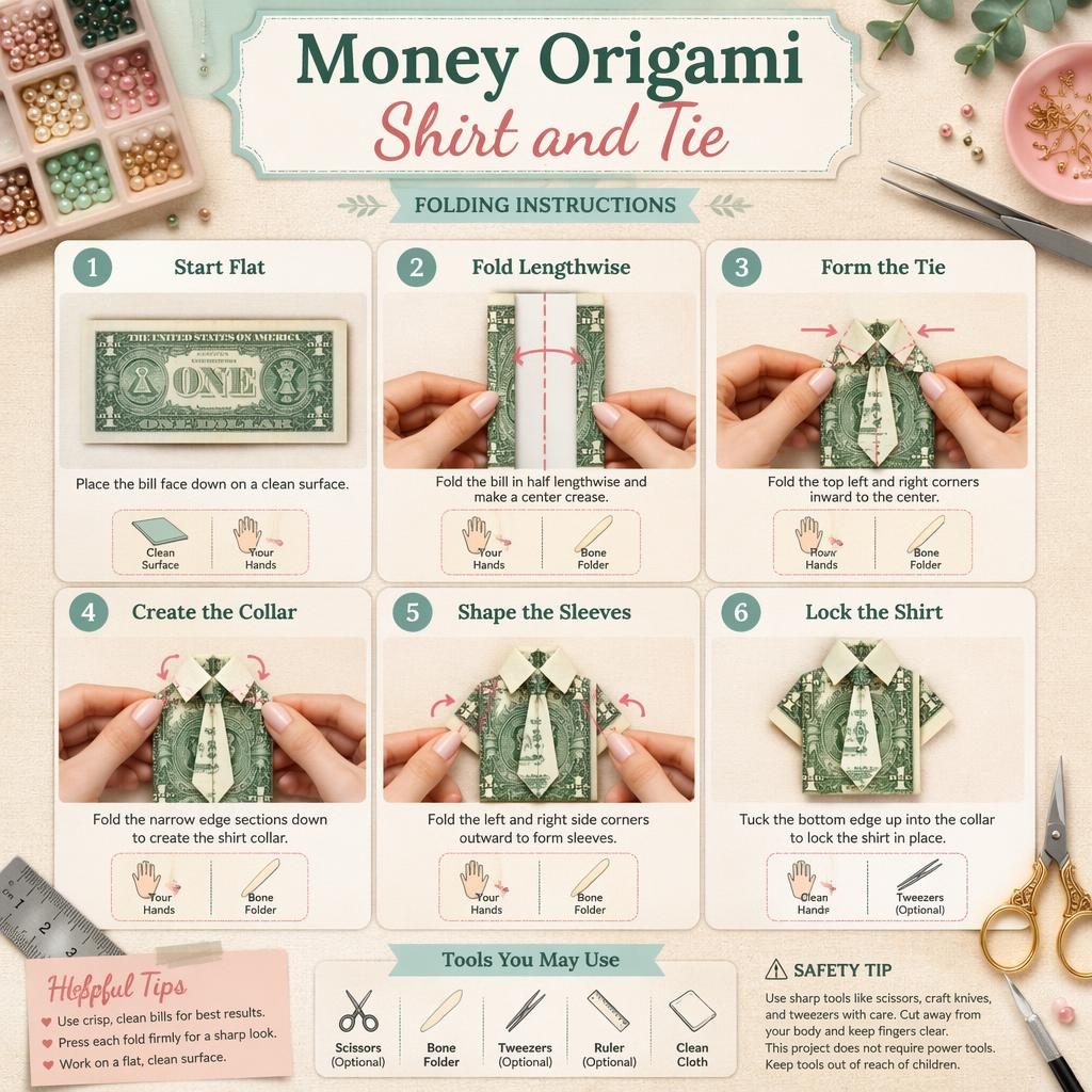 Pastel craft infographic with 6 numbered steps showing a banknote folded into a shirt and tie with hand diagrams.