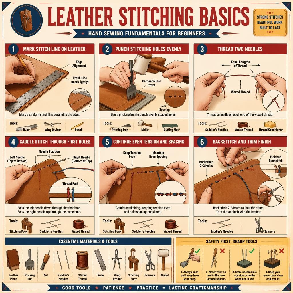 Vintage-style infographic showing 6 beginner leather stitching steps with hands, tools, diagrams, safety tip, and icons.