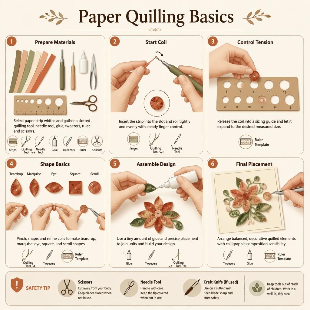Minimal flat infographic showing 6 numbered paper quilling steps with hands, tools, English labels, and safety tip panel.