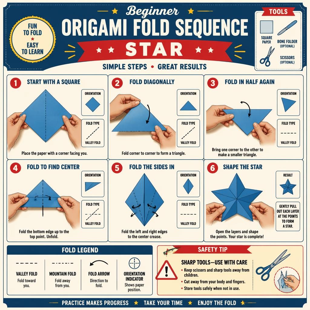 Vintage-style craft infographic with 6 numbered ninja star origami steps, fold arrows, hand positions, tool icons, and safety tip.