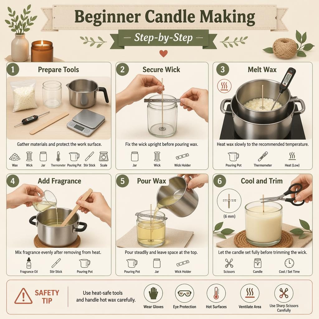 Minimal flat infographic showing 6 numbered candle making steps with hands, tools, captions, icons, and safety tip.