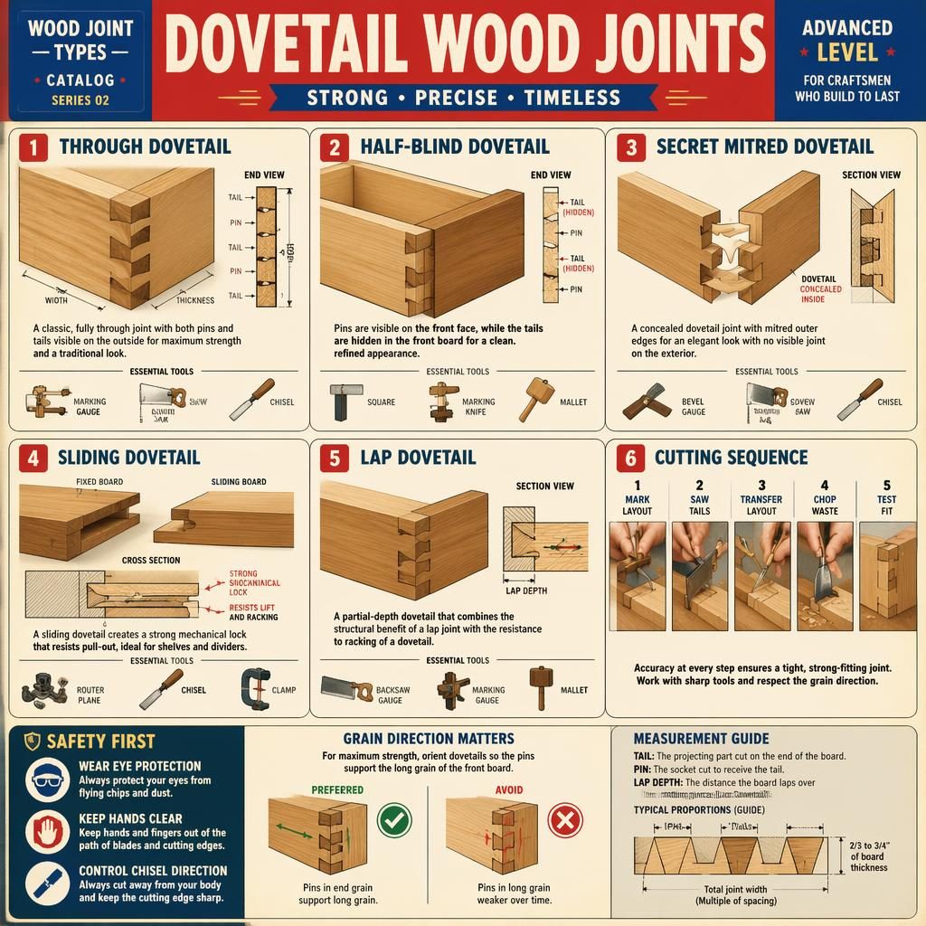 Vintage-style DIY infographic showing 6 numbered panels of dovetail wood joint types, tools, cutaways, and safety tips.