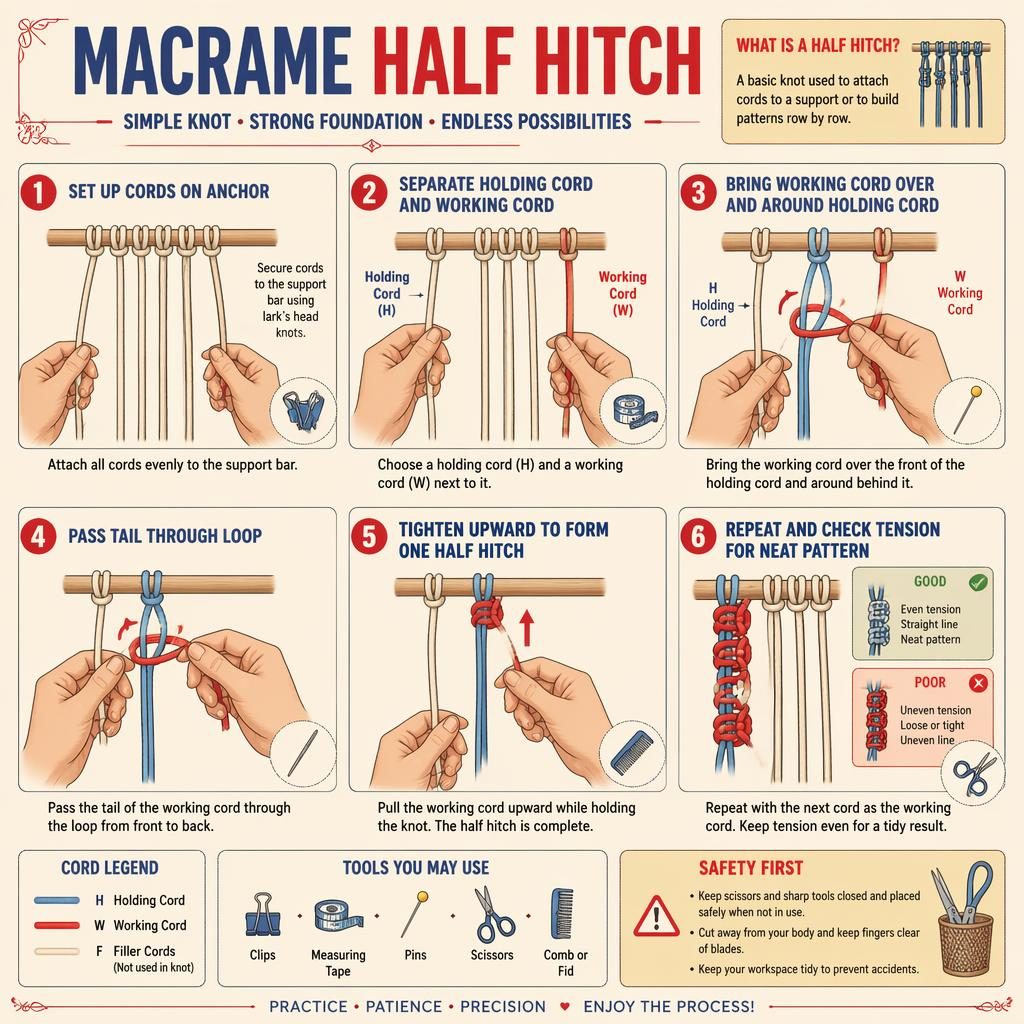Vintage-style macrame half hitch infographic with 6 numbered panels, hands, cord arrows, tool icons, and cream paper background.