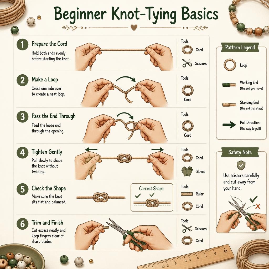 DIY infographic showing 6 vertical knot-tying steps with hands, cord, scissors, legend symbols, beads, and safety note.