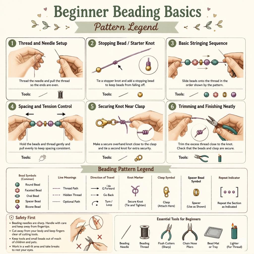 DIY beading infographic with 6 numbered panels showing thread setup, starter knot, stringing, tension control, clasp knot, and finish
