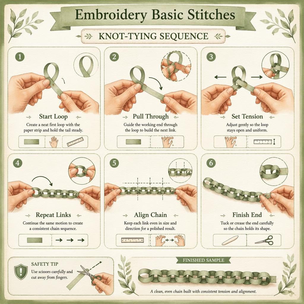 Watercolor DIY infographic with 6 numbered steps showing paper-strip loops, pull-through links, hand positions, arrows, and tools.