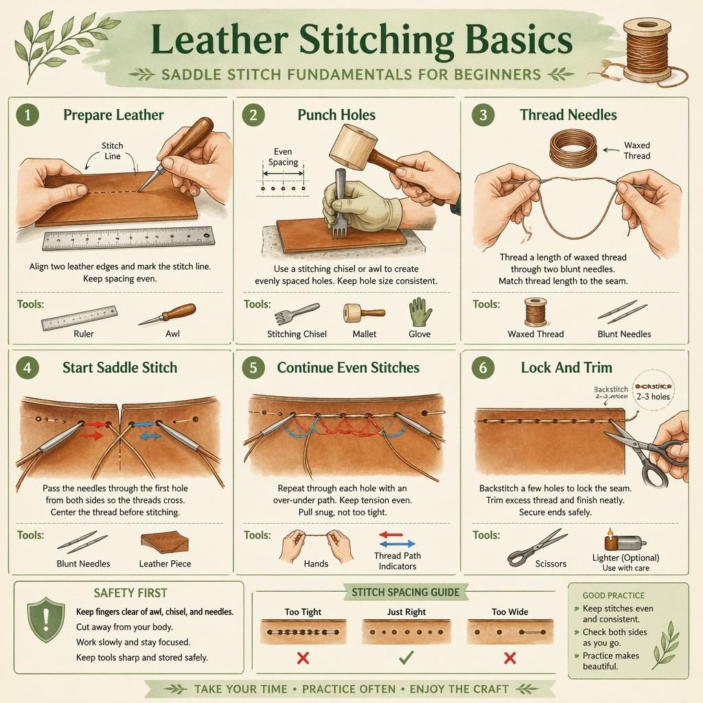 Watercolor DIY infographic with 6 numbered leather stitching steps, hand diagrams, tool icons, arrows, and safety callout.
