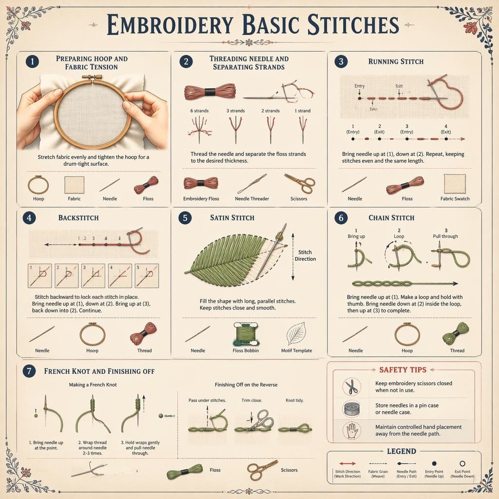 DIY-Infografik im Vintage-Stil auf Papierhintergrund mit 7 nummerierten Stickschritten, Handdiagrammen, Symbollegende und Sicherheitshinweisen.