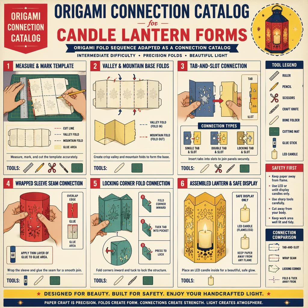 Vintage-style DIY infographic with 6 numbered panels showing origami lantern folds, tabs, seams, tools, and LED candle safety.