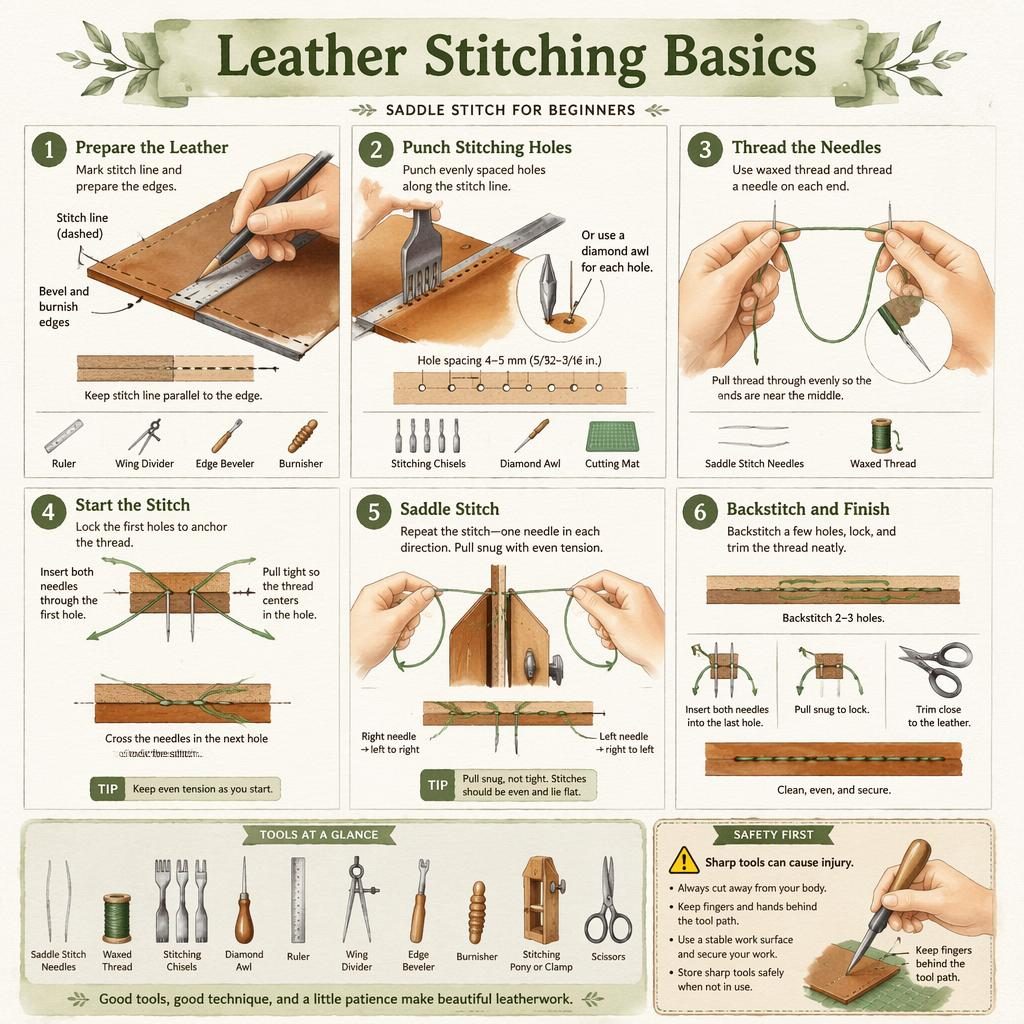 Watercolor DIY infographic showing 6 numbered leather saddle-stitch steps, tool icons, thread-path diagrams, and safety panel.