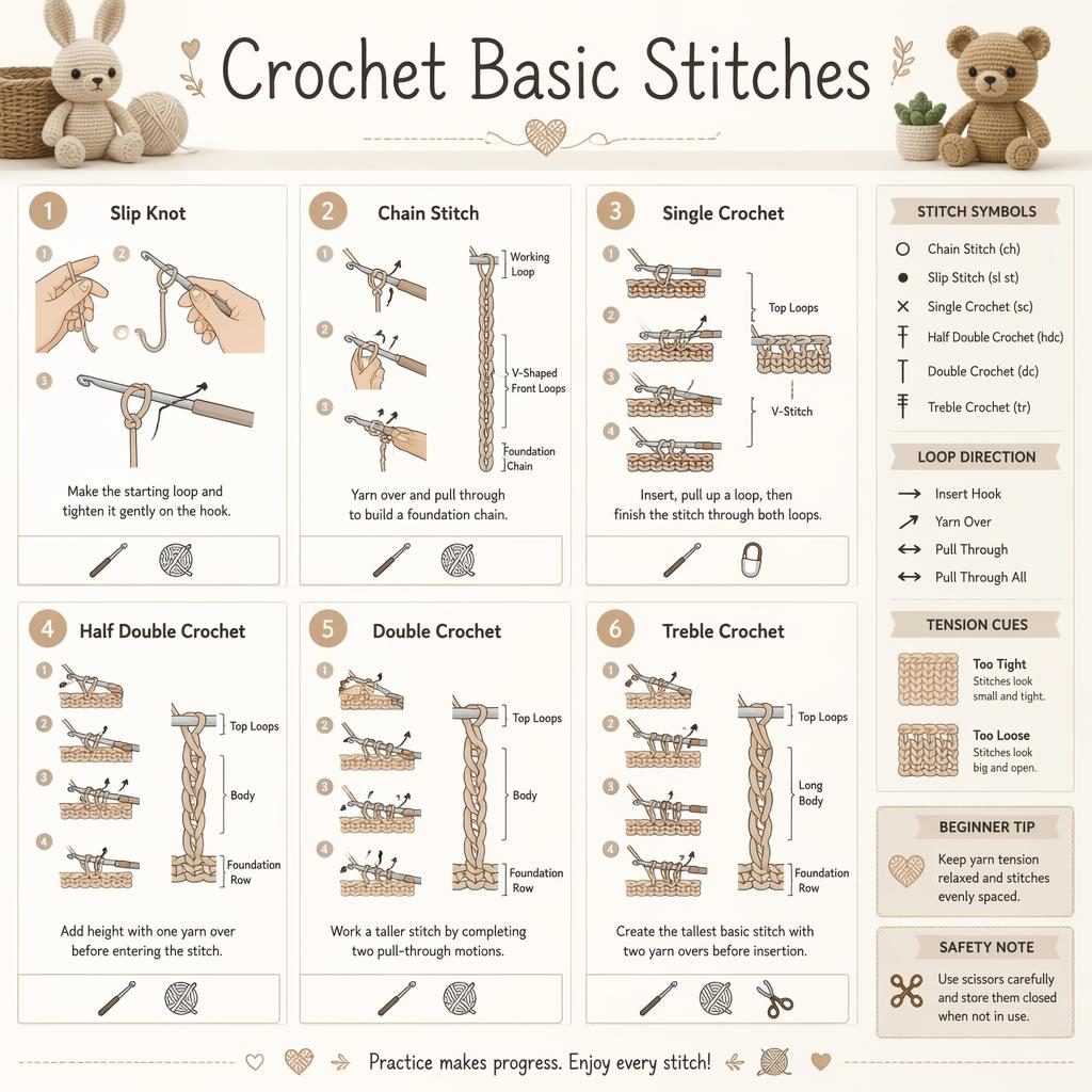 Monochrome crochet basic stitches infographic with 6 numbered diagrams, hand positions, legend panel, tip box, and tool icons.
