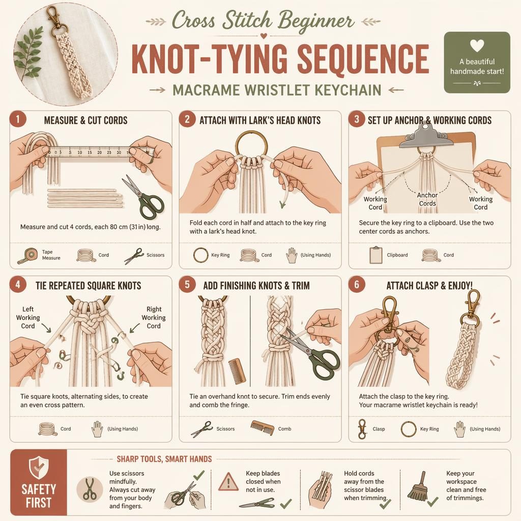 Minimal flat infographic showing 6 steps to make a macrame keychain wristlet with hands, tools, knots, and safety tips.