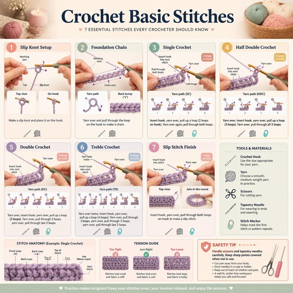 Pastel crochet infographic with 7 numbered stitch panels, hand positions, yarn path diagrams, tool icons, and safety tip.
