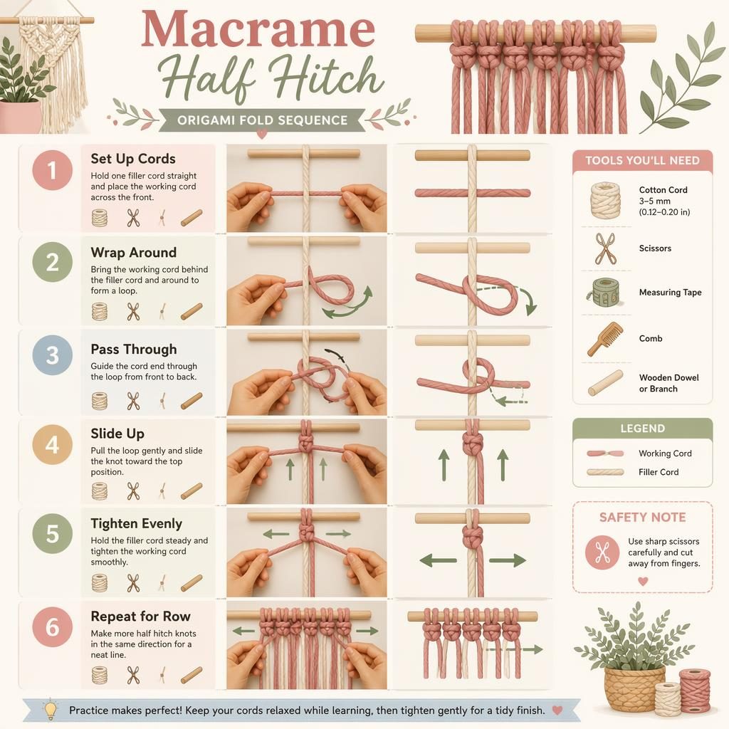 Vertikale Makramee-Infografik mit 6 nummerierten Schritten, Handpositionen, Pfeilen, Werkzeug-Icons und Pastellfarben.