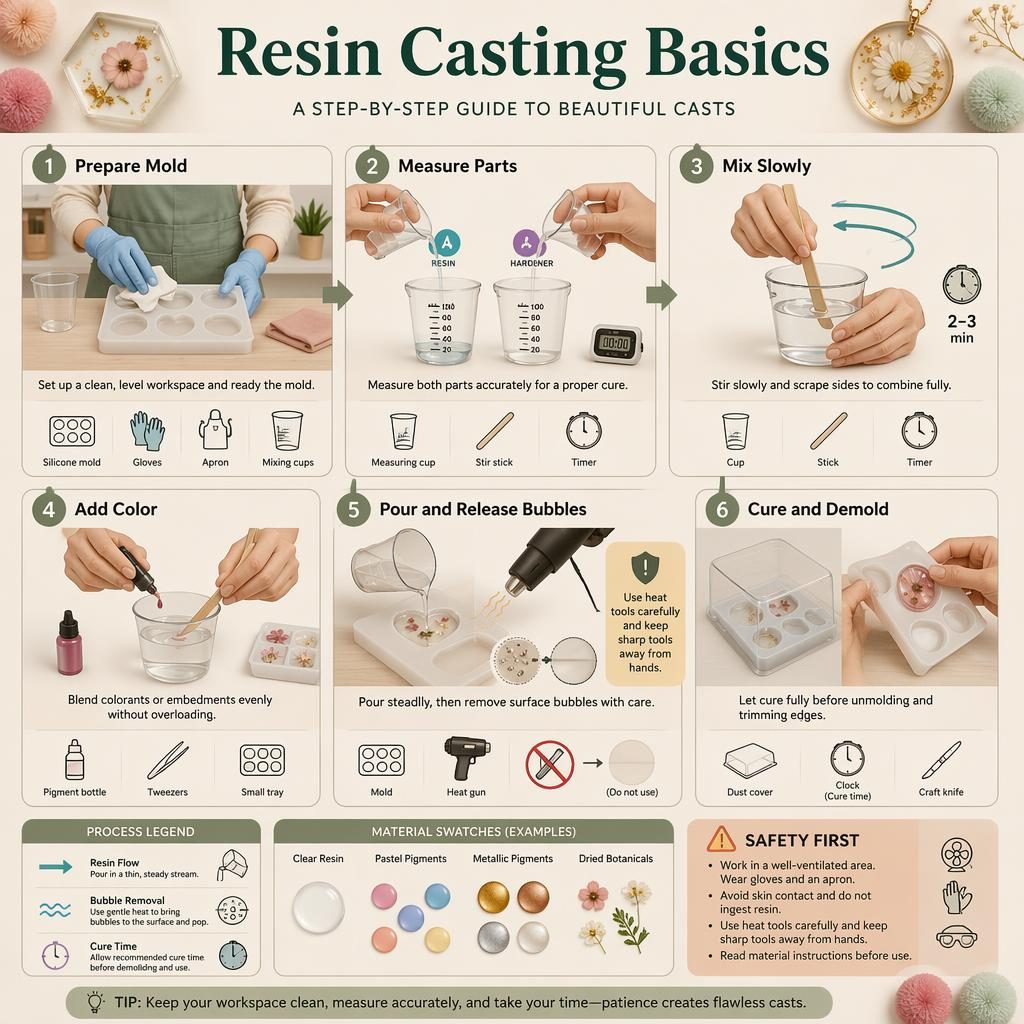 Flat DIY infographic showing 6 resin casting steps with hands, tool icons, arrows, captions, and safety tip.