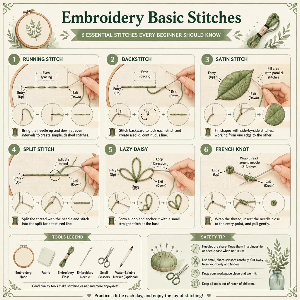 Watercolor embroidery infographic with 6 numbered stitch steps, tool icons, safety tip, hoop, needle, floss, and hand guides.