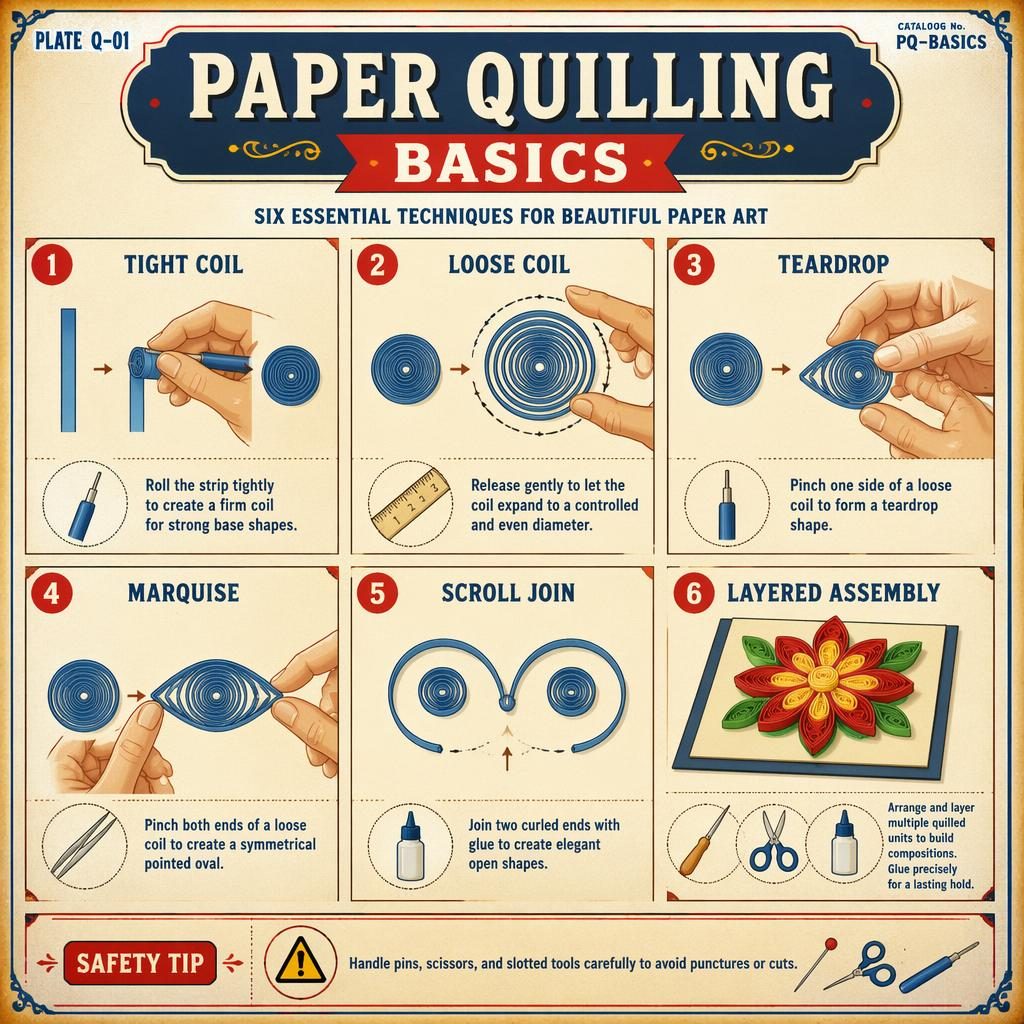 Vintage-style paper quilling basics infographic with 6 numbered panels, tool icons, hand diagrams, and a safety tip.