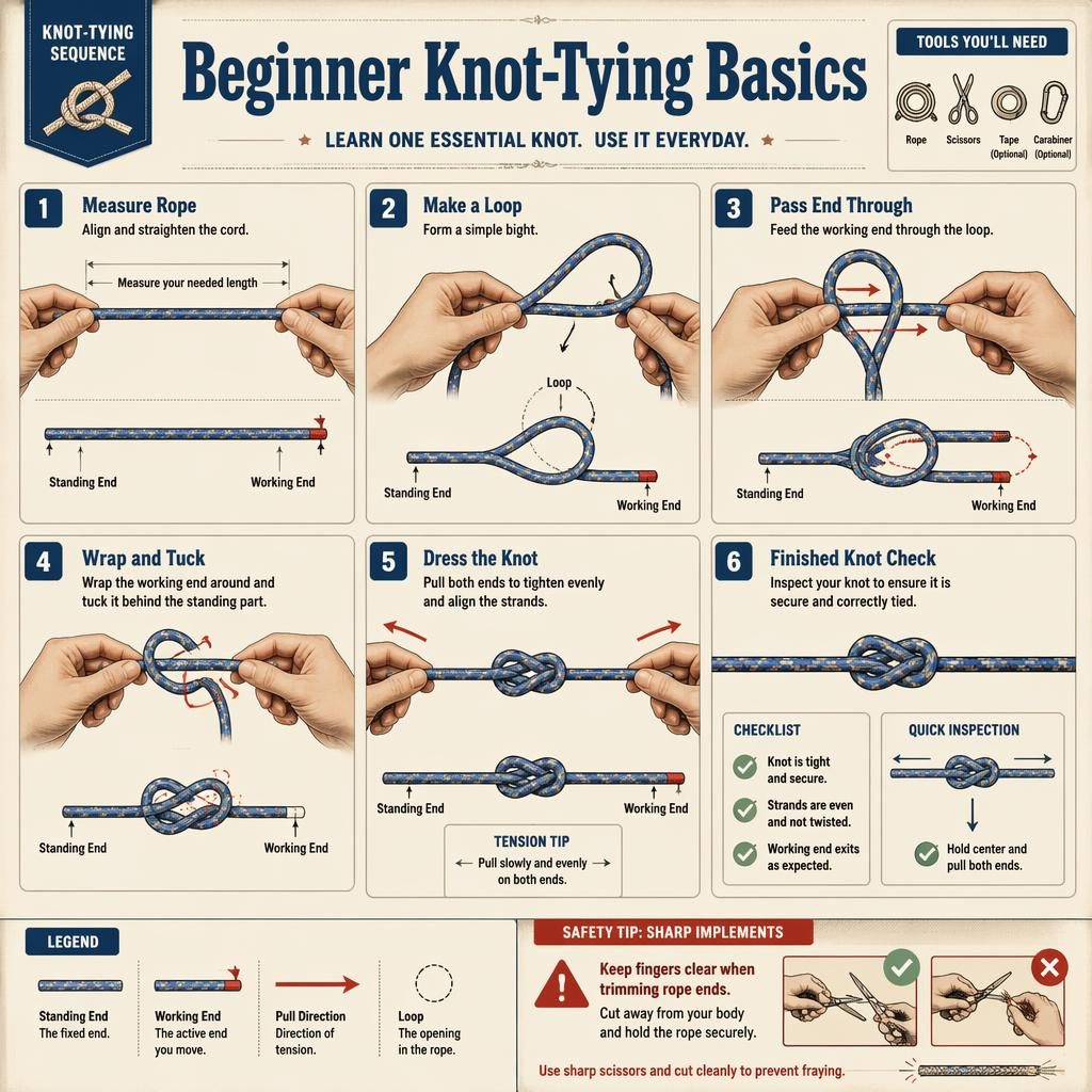 Technische DIY-Infografik mit 6 nummerierten Schritten zum Knotenbinden, Handpositionen, Seildiagrammen, Pfeilen und Sicherheitshinweis.