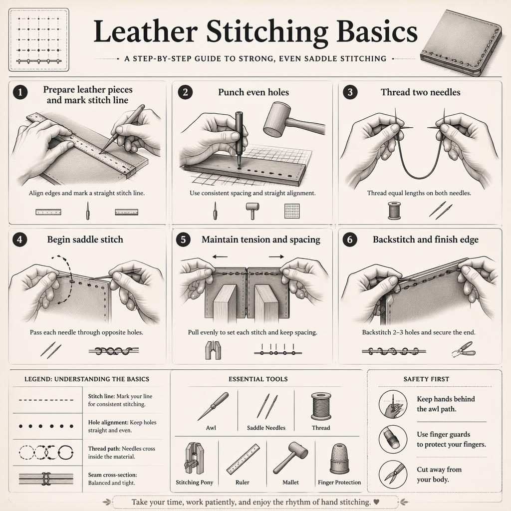 Monochrome leather stitching basics infographic with 6 numbered grid steps, hand diagrams, tool icons, legends, and safety tips.