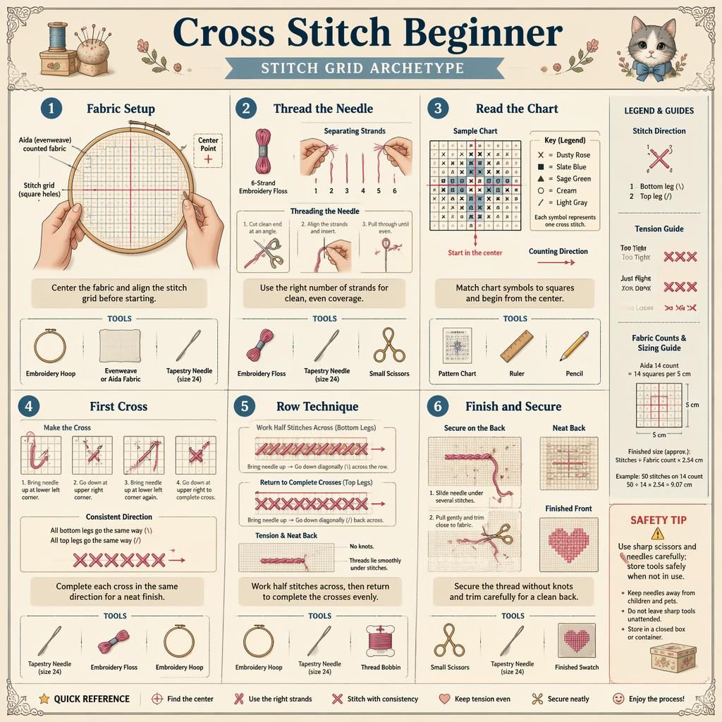 Cross Stitch Beginner infographic with 6 numbered stitch-grid steps, tool icons, hand diagrams, arrows, legends, and safety tip