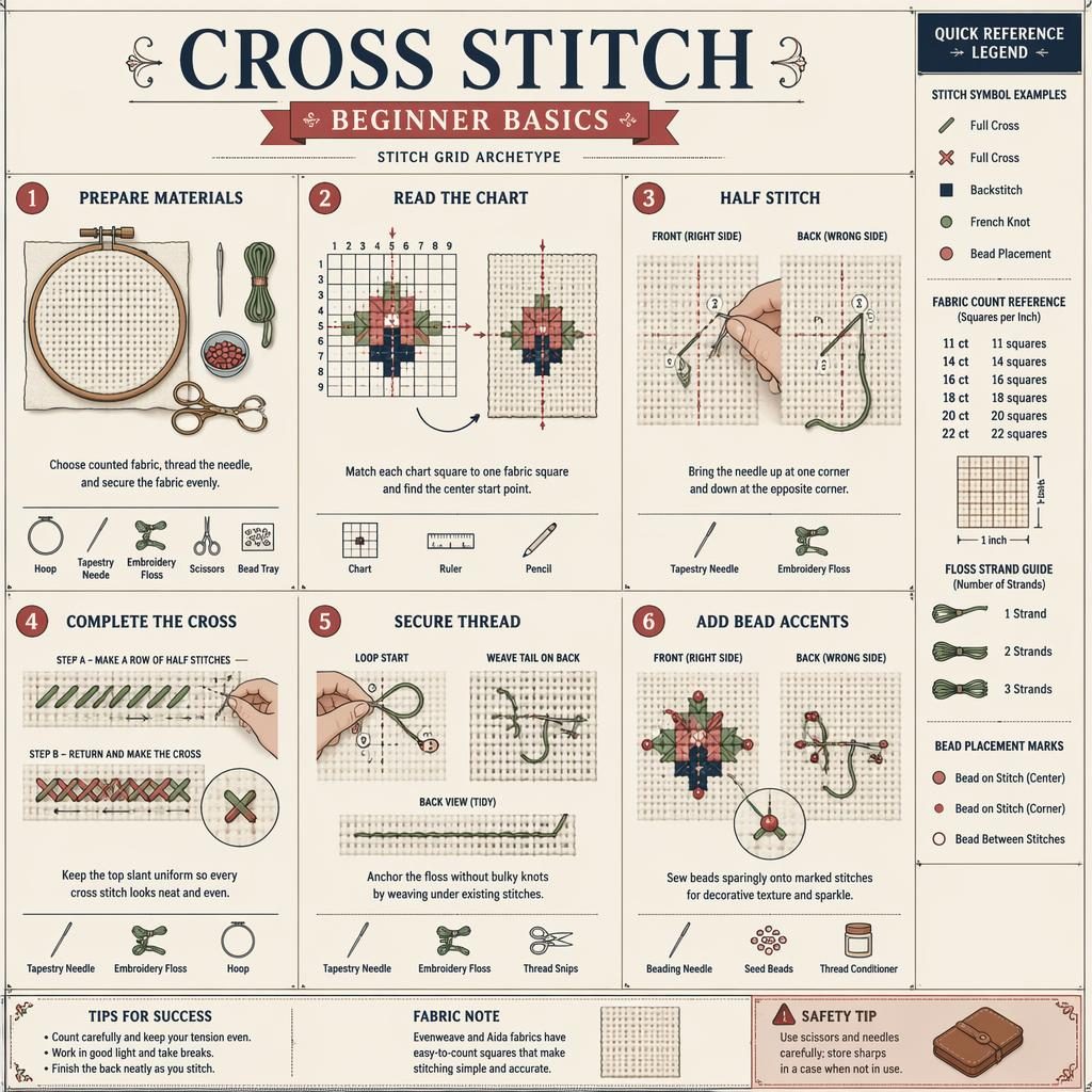 Vintage-style cross stitch beginner infographic with 6 numbered steps, stitch charts, tools, bead accents, and safety tip.