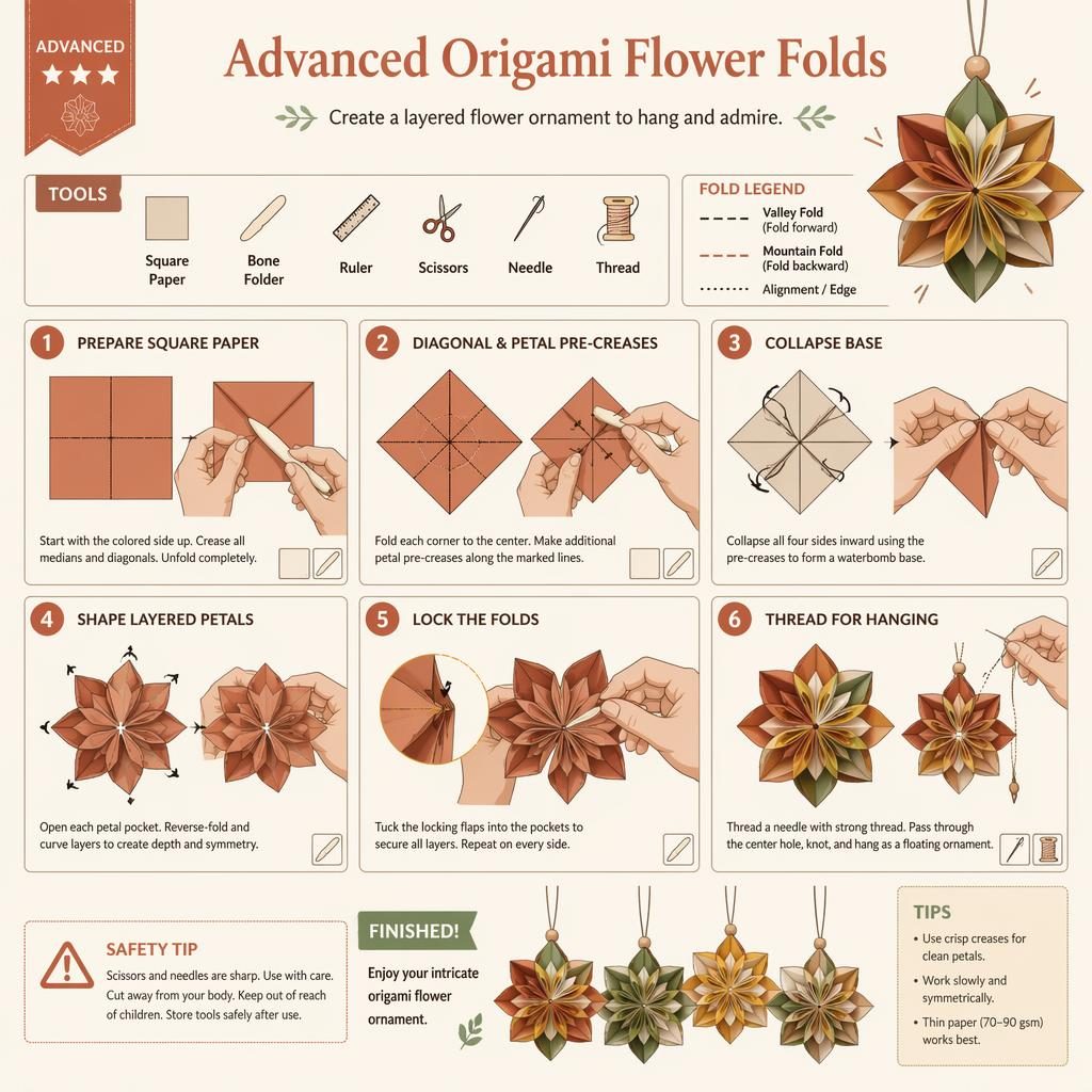 DIY infographic with 6 numbered steps for an advanced origami flower hanging ornament, fold diagrams, hands, tools, and safety tip.
