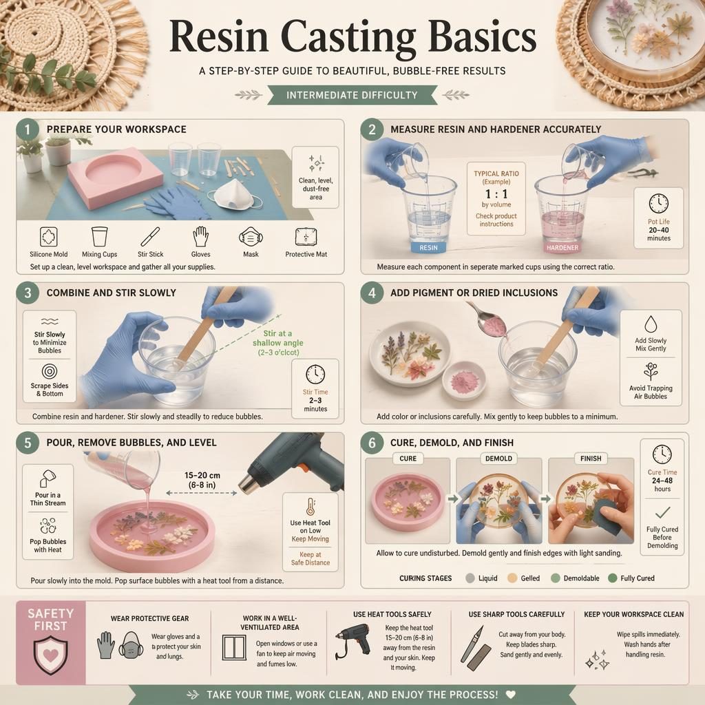 Pastel DIY infographic with 6 numbered resin casting steps, tool icons, safety panel, and subtle macrame placemats round diy styling.