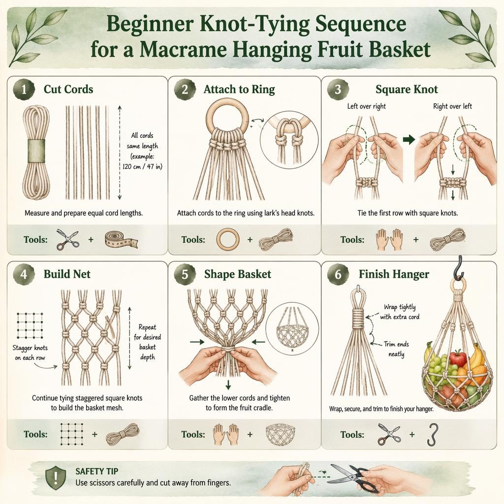Watercolor craft infographic showing 6 numbered steps to make a macrame hanging fruit basket with cords, ring, hands, and tool icons.