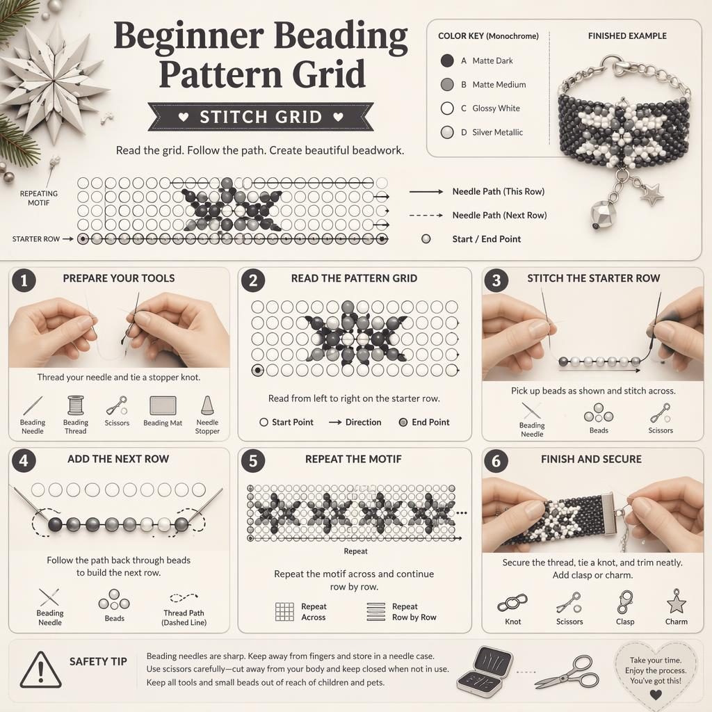 Monochrome DIY-Infografik mit 6 Schritten zum Perlenmuster, Rasterdiagrammen, Handpositionen, Werkzeugicons und Sternmotiv.