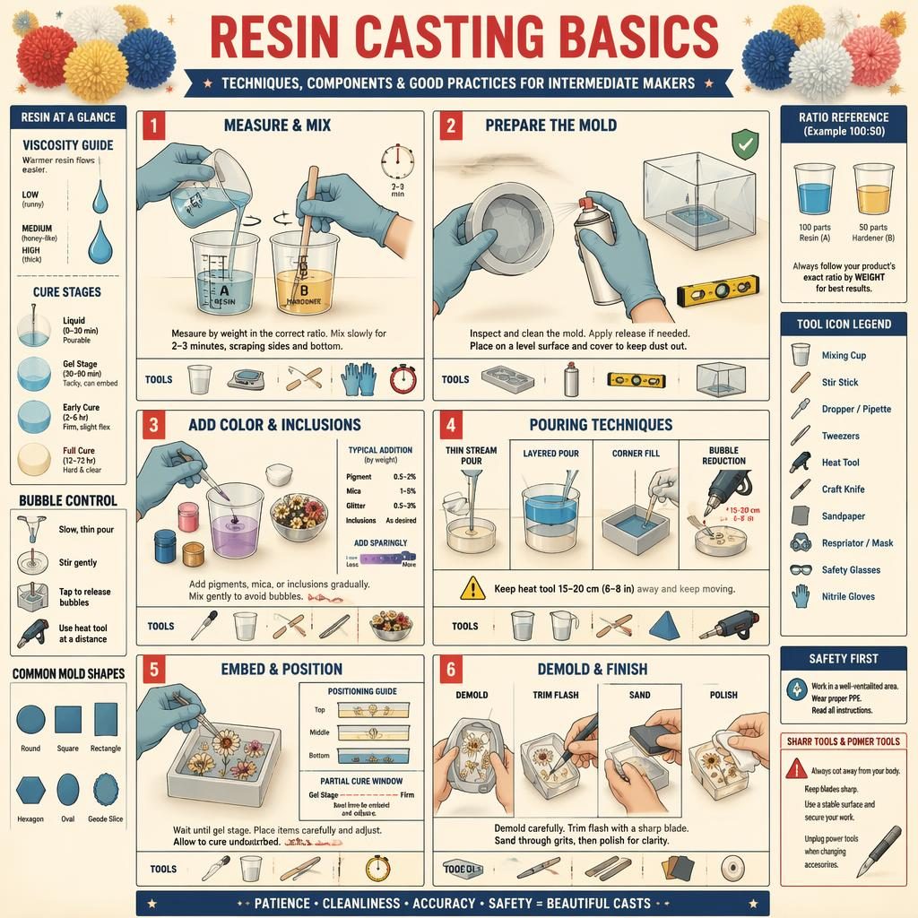 Vintage-style resin casting infographic with 6 numbered panels, tool icons, safety tips, and subtle fluffy pom-pom motifs.