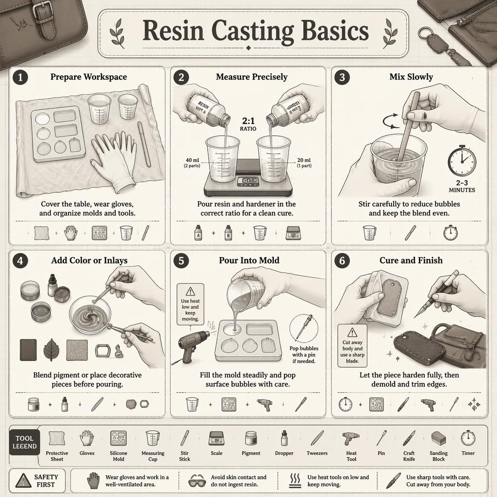 Monochrome DIY infographic with 6 numbered resin casting panels, tool icons, safe hand positions, and leather bag props.