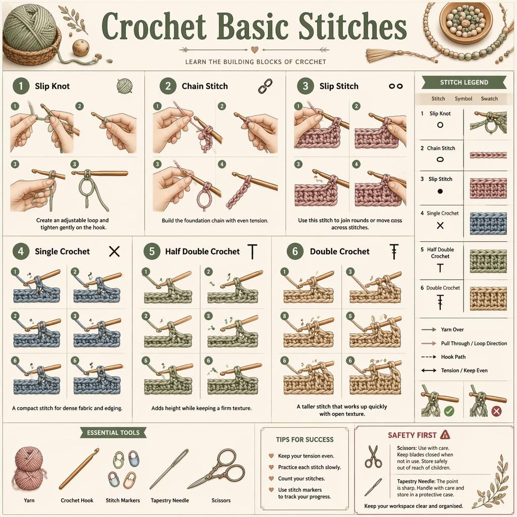 Sketchnote crochet infographic with 6 numbered stitch panels, symbol legend, tool icons, swatches, arrows, and safety note.