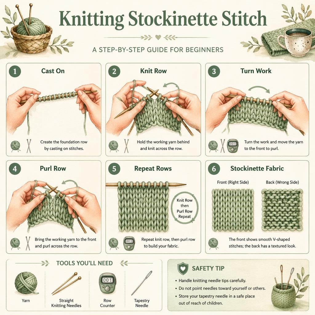 Watercolor craft infographic showing 6 numbered steps for knitting stockinette stitch with hands, needles, yarn, icons, and safety tip.
