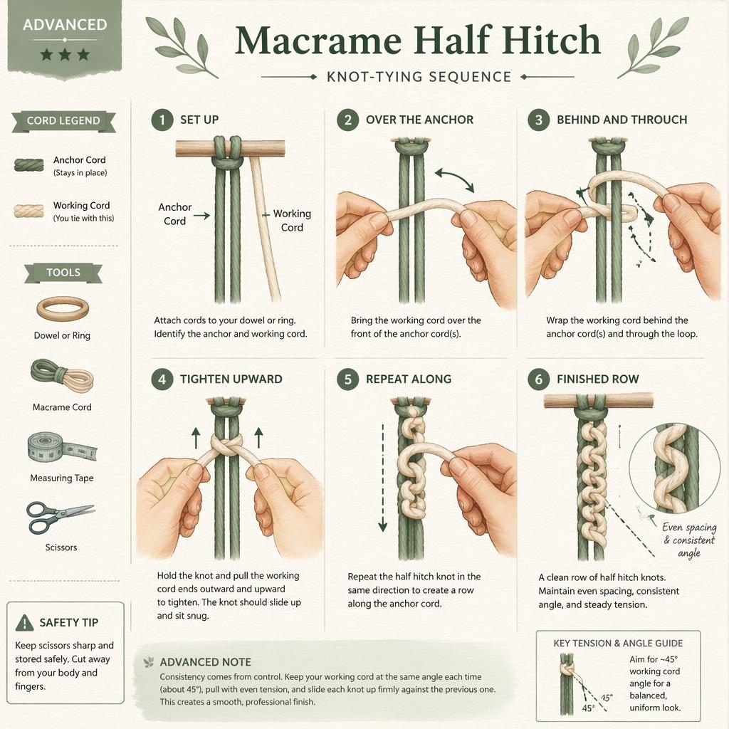 Watercolor craft infographic showing 6 numbered steps for tying a macrame half hitch with labeled cords and hand positions.