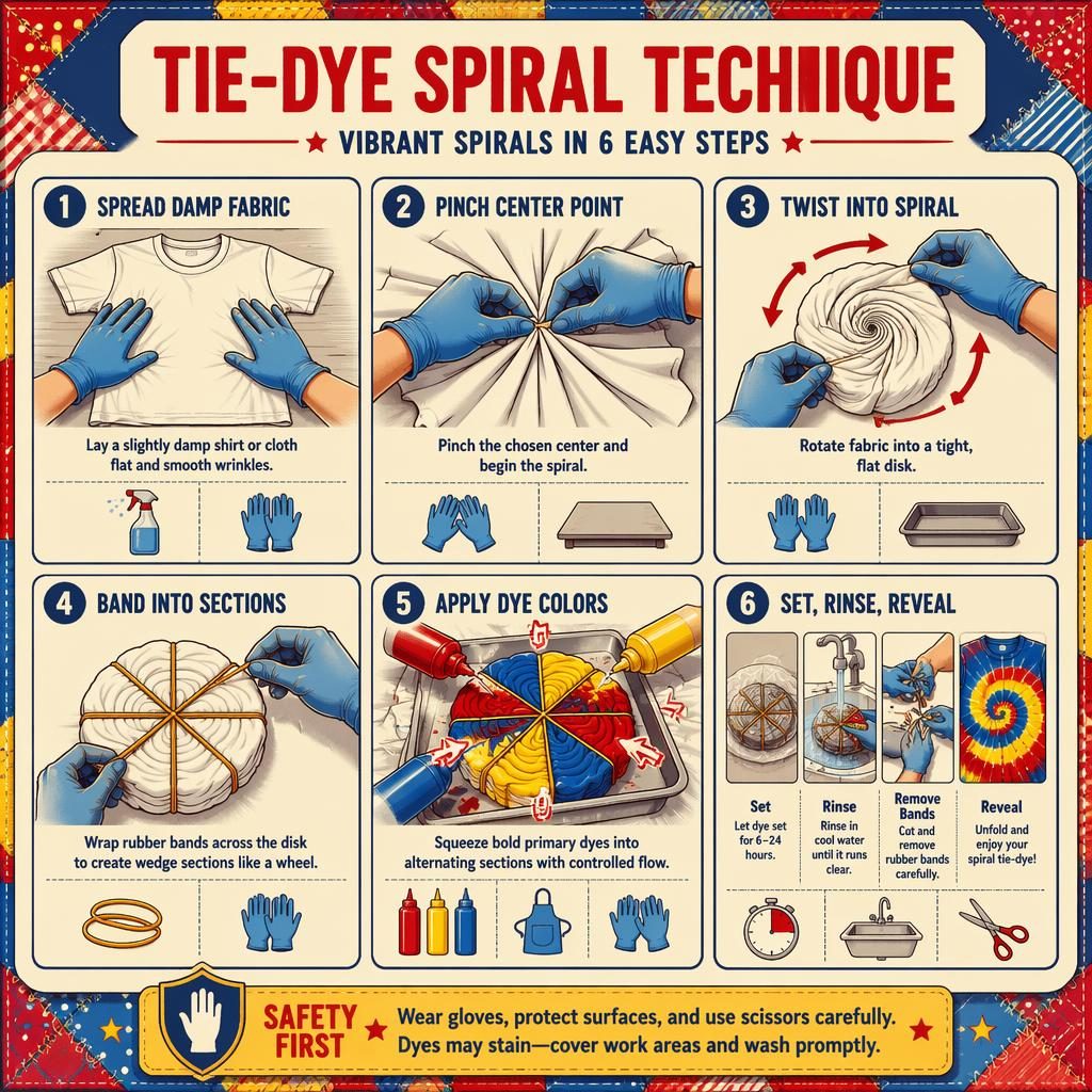 Vintage-style DIY infographic with 6 numbered steps showing hands twisting and banding fabric for a tie-dye spiral.