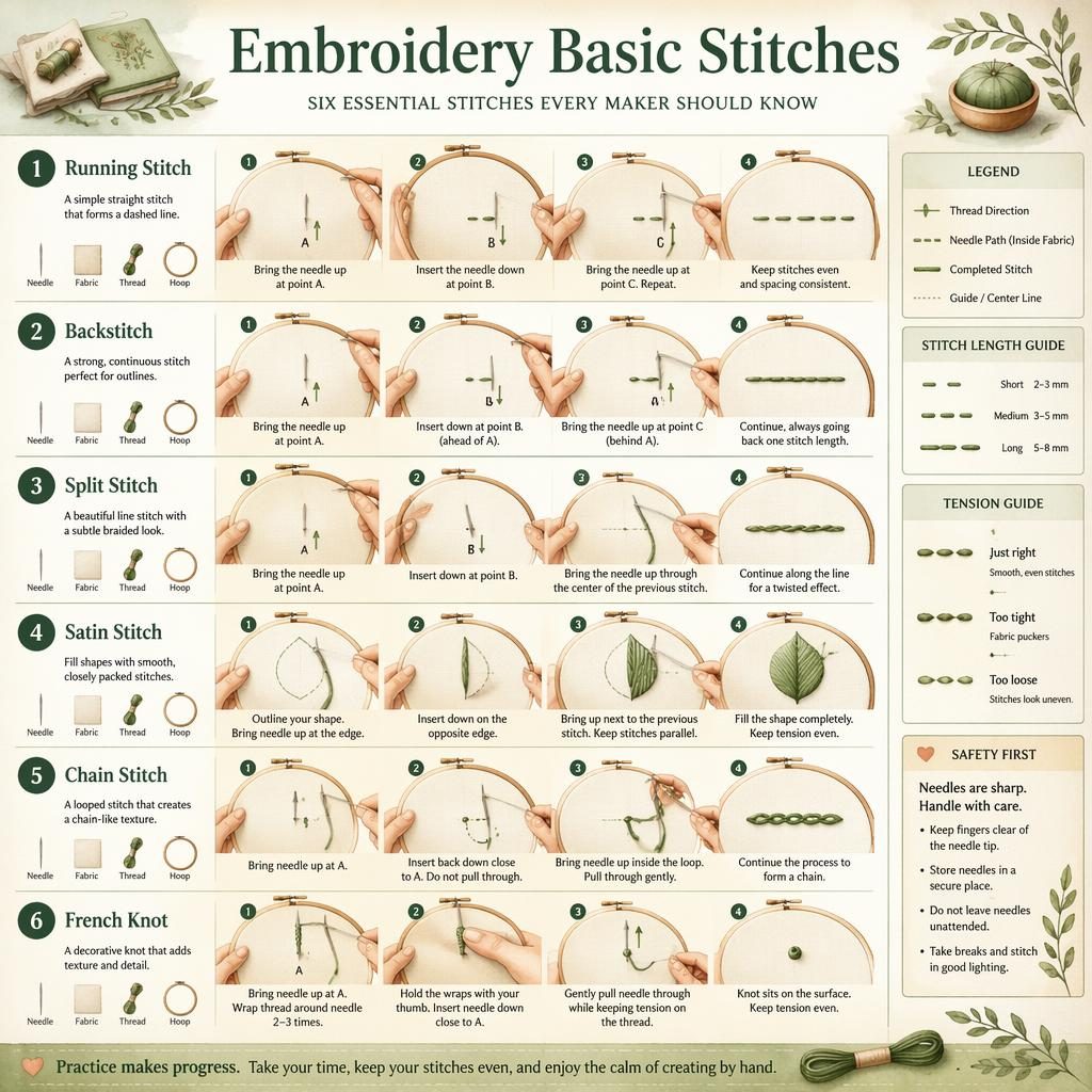 Watercolor craft infographic showing 6 embroidery basic stitches with hands, hoop, needle, arrows, legends, and safety note