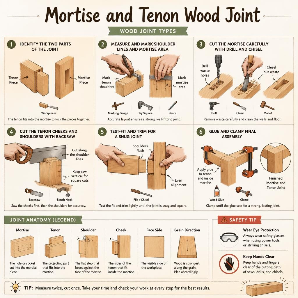 DIY-Infografik zur Zapfen-und-Mortise-Holzverbindung mit 6 Schritten, Legende, Werkzeugicons und Sicherheitshinweis