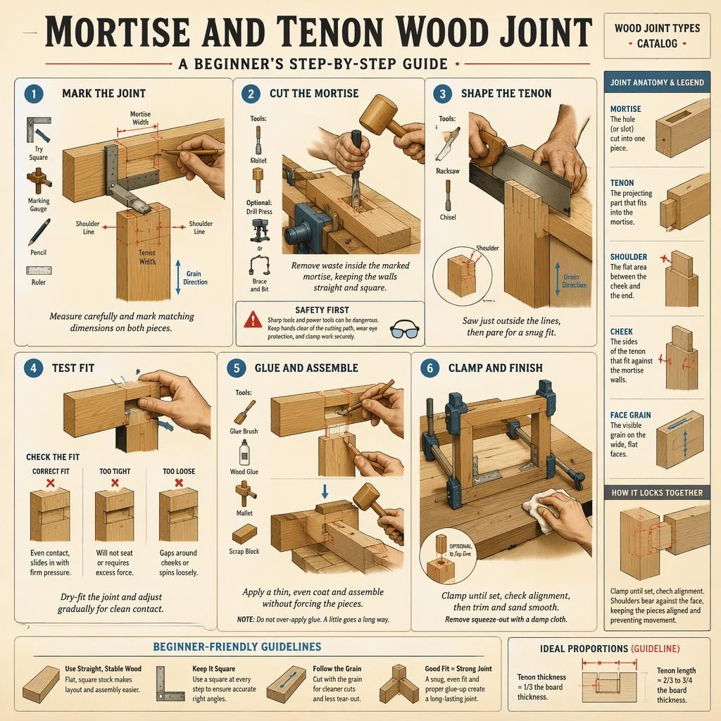 Vintage-style craft infographic showing 6 numbered woodworking steps for a mortise and tenon joint on cream paper.