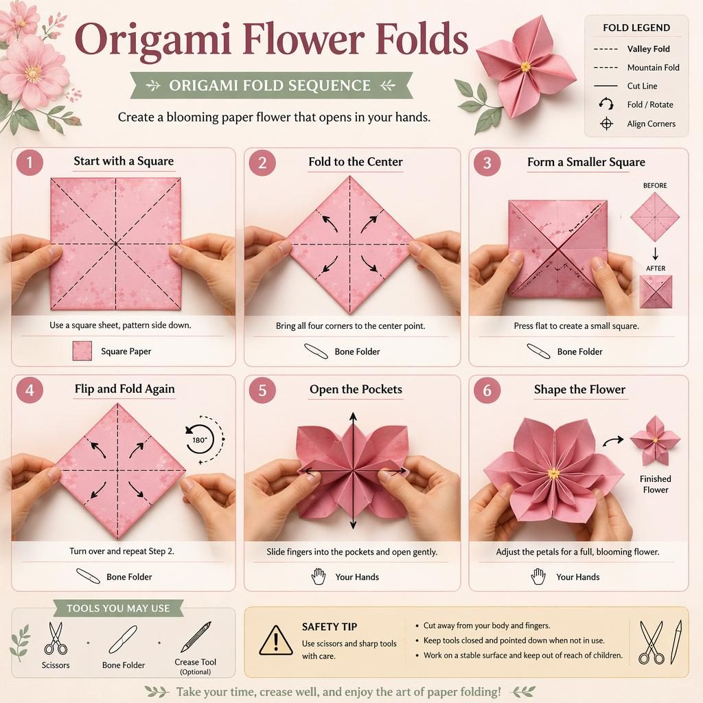 Pastel craft infographic with 6 numbered origami flower fold steps, hand diagrams, arrows, fold symbols, captions, and safety tip.